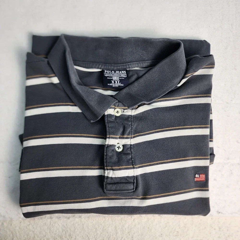 Polo Jeans Co Striped Polo Shirt Mens XXL Grey Vintage 90s Streetwear Golf Retro - Picture 8 of 10